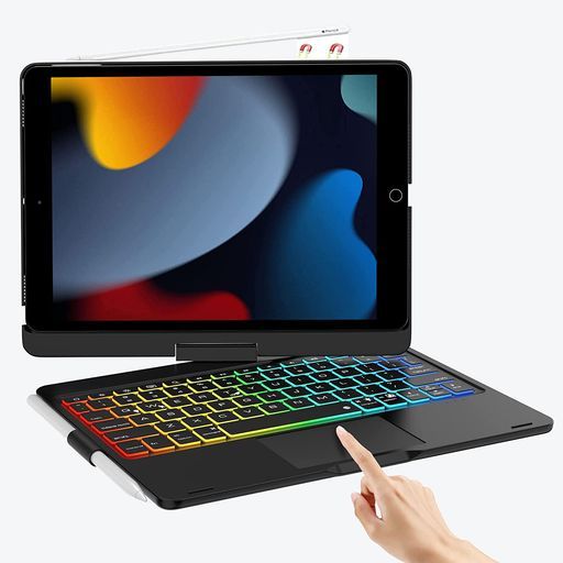 [2025年進級版]360°回転iPad第9/8/7世代キーボードケース10.2インチ180°反転ipadAir3キーボード付きケースipadpro10.5インチタッチパッド付き7色バックライト急速充電可能全