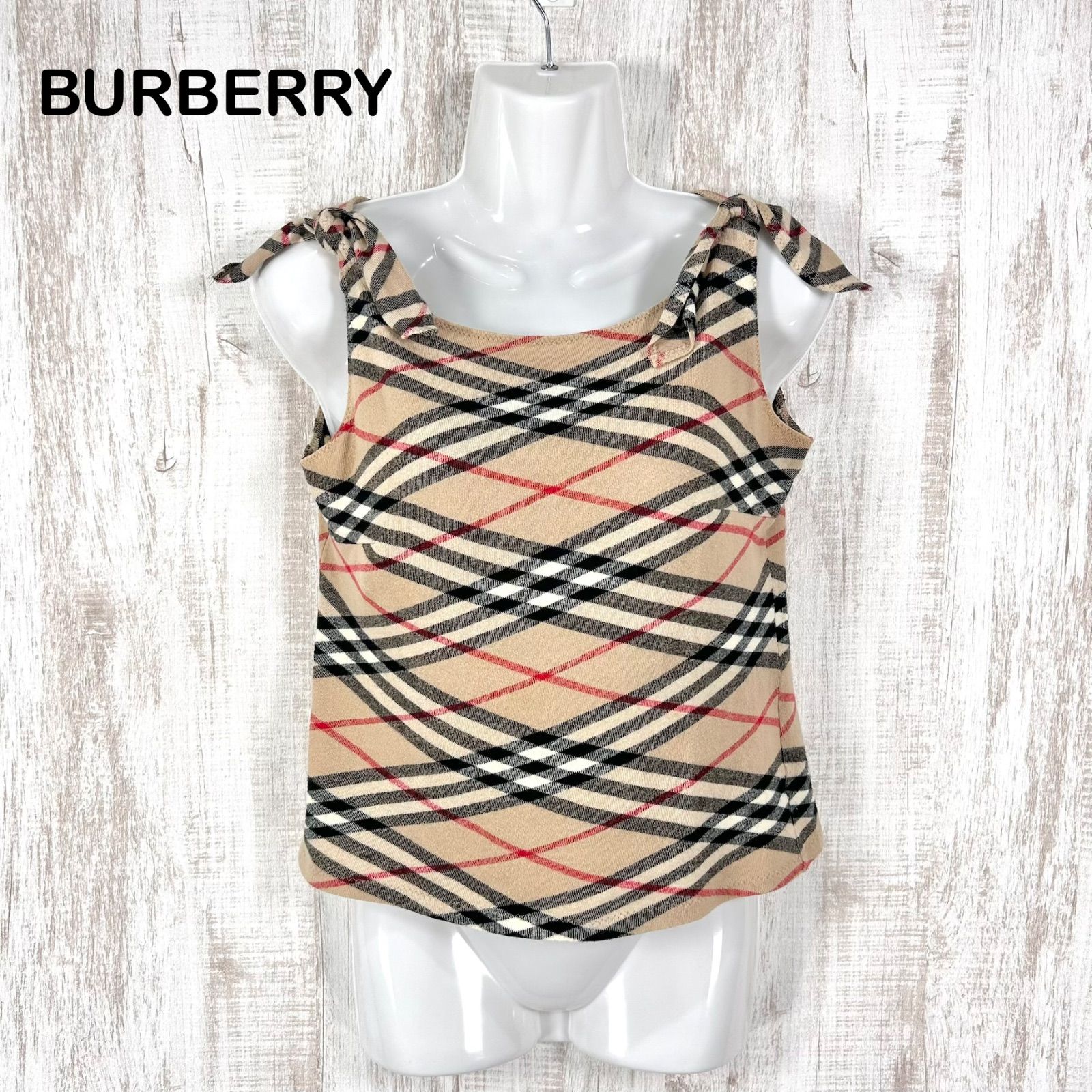 00s BURBERRY BLUE LABEL バーバリーブルーレーベル ノバチェック ショルダーリボン ノースリーブ トップス ベージュ レディース y2k 平成ギャル
