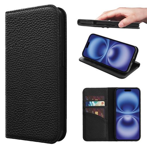 NanHouFor適用するiPhone16ケース本革手帳型カバー耐衝撃保護カバー本革内蔵マグネッRFIDト財布型携帯カバーカードポケットスタンド機能に適したアイフォン16-ブラック
