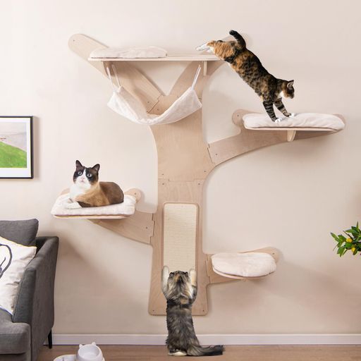 GYMAXキャットウォークキャットタワー壁付けキャットツリー幅181cmx奥行181cmキャットステップ壁猫用クライミングシェルフ木製猫ハウス猫棚猫家具ハンモックサイザル麻爪とぎポール着脱…