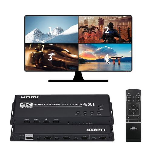 4KHDMIKVM画面分割器4入力1出力HDMIKVM画面分割切替器4x14台のパソコンを同時に共有しhdmi画面切り替え器4画面同時表示QuadviewerシームレスKVMスイッチャーPS4/PS5/監視カメラ用