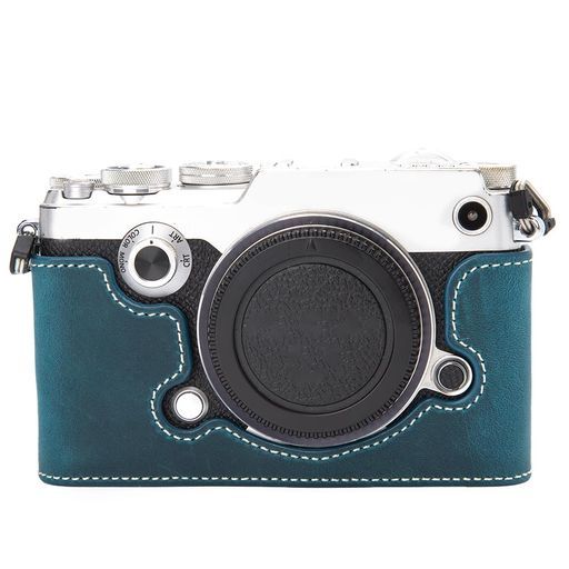 OLYMPUSPEN-FM43専用レトロな本革(牛革)手作りのハーフケースカメラ保護カバーコンパクト設計、三脚取り付け可能、キズ・摩耗防止(CrazyHorseBlue)