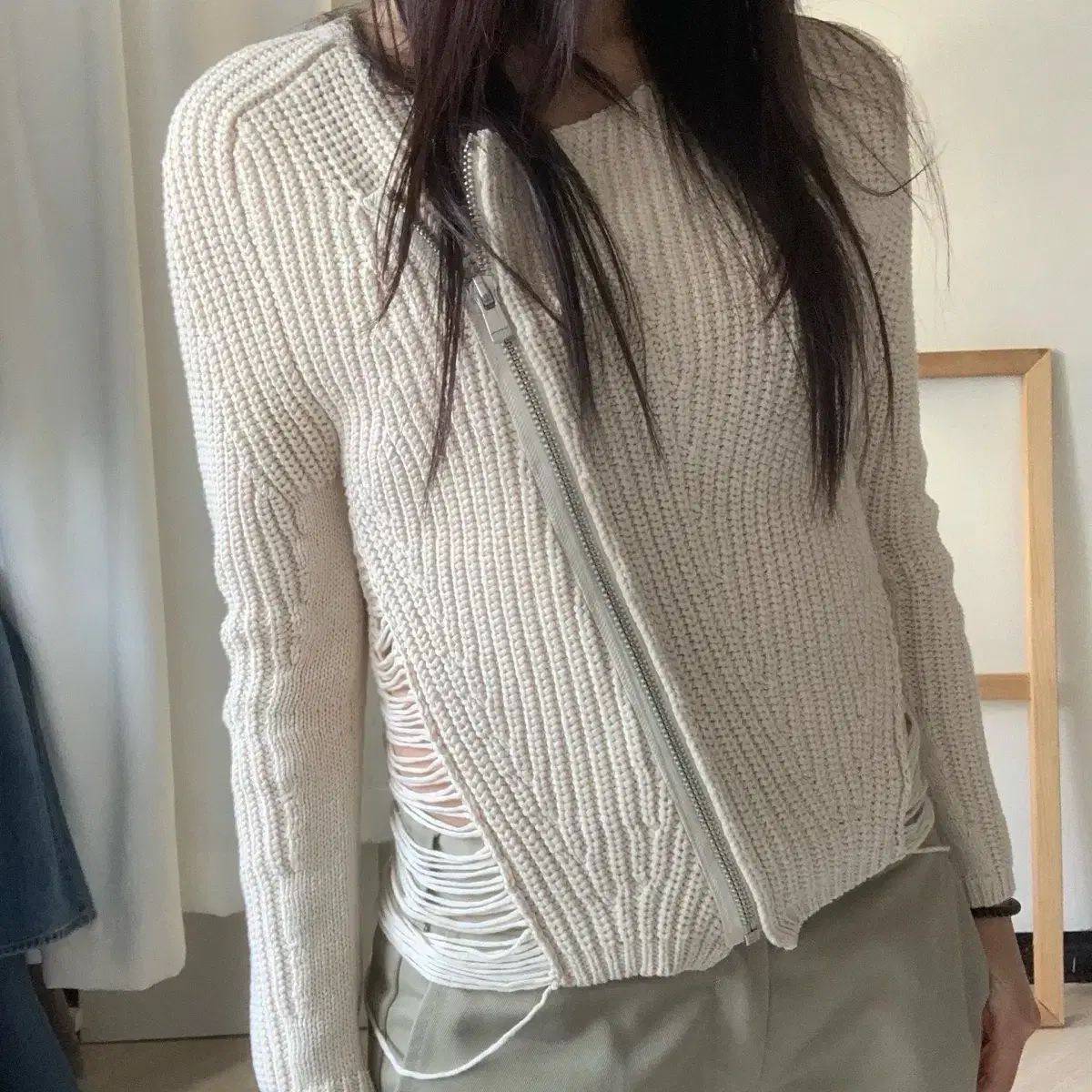 maje diagonal fringe side cardigan