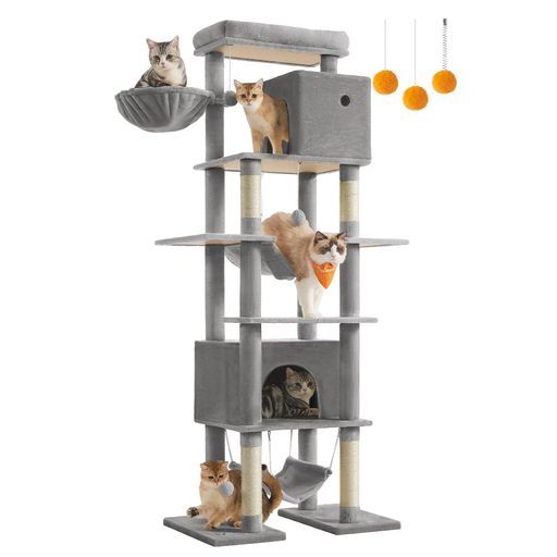 FEANDREAキャットタワーねこタワー大型猫用多頭飼い人気据え置き省スペース登りやすい天然麻紐爪とぎ運動不足解消高さ201CM転倒防止用の帯が付きグレーPCT195G01