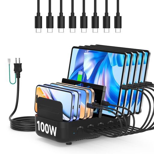 首佩充電ステーション、100WUSB充電ステーション10ポート、調整可能な仕切り付き、USBC充電すてーしょんには、USB-C充電ケーブルが8本付属しています。スマホ、タブレット、Kindleなどに対…
