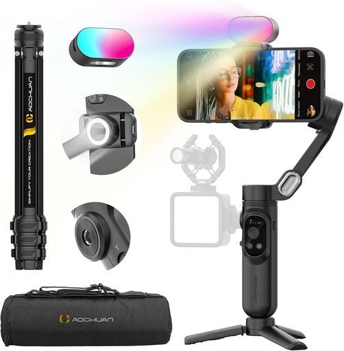 AOCHUANスマホ用3軸ジンバル動画撮影用スタビライザーiPhone用、Android用ビデオカメラ用ハンドヘルドジンバルAIトラッキング1/4ネジ伸縮三脚収納バッグ日本語取扱説明書RGBライト付(SmartXComple…