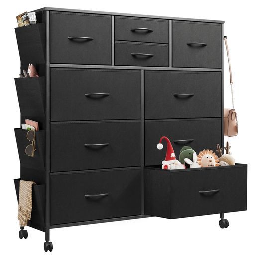 WLIVEチェストタンスキャスター付きサイドポケット付き4段10杯箪笥ハイチェストチェスト4段リビング収納おしゃれ収納チェスト引き出し大容量洋服タンス布製衣類収納北欧シンプルブラック