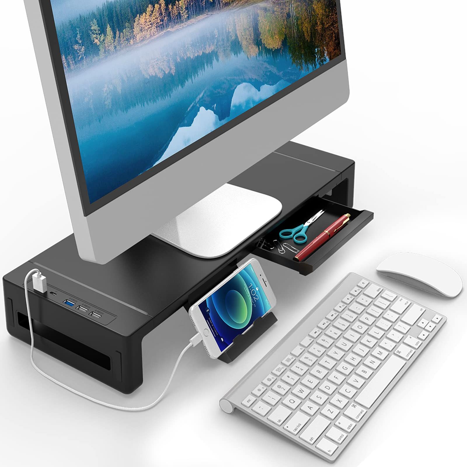 EAYHMモニター台 卓上 USB2.0/3.0データ転送付き モニタースタンド USB/TYPE-C充電付き PC台 折りたたみ可能 机上台 ディスプレイ 台 引き出しとスマホホルダー付き パソコン 台 幅3段階可変机上ラック ノートパソコ 171cec21