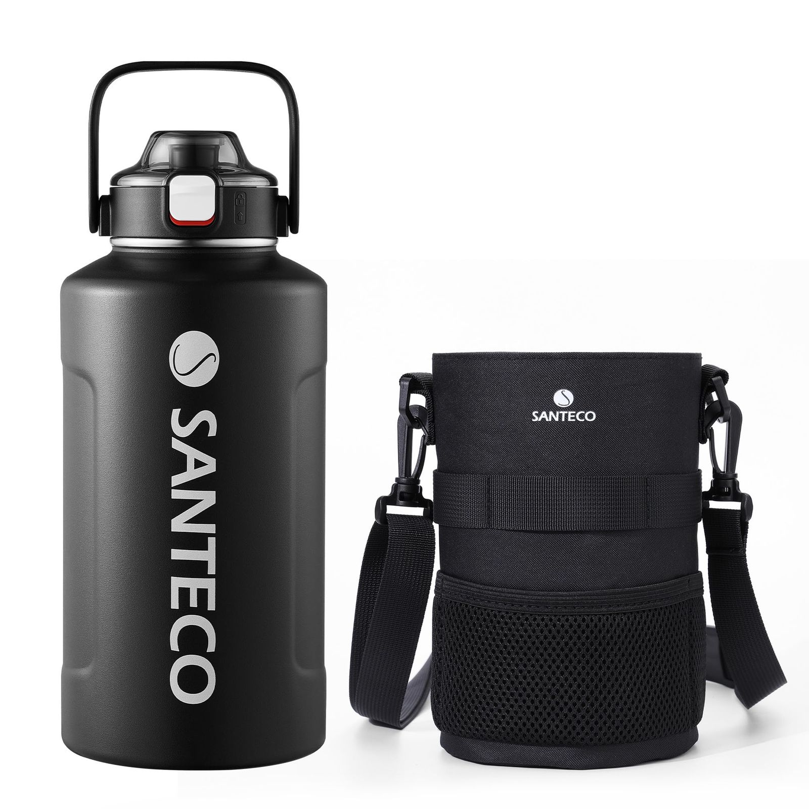 SANTECO 真空断熱 水筒 大容量 保冷 保温 1900ML ステンレスボトル ストロー付き 直飲み スポーツドリンク対応 広口 カバー付き ブラック★ 6ba3f311