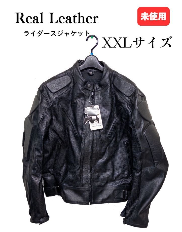 【未使用 XXL】Real Leather 本革 メッシュ ライダースジャケット プロテクター付き　□
