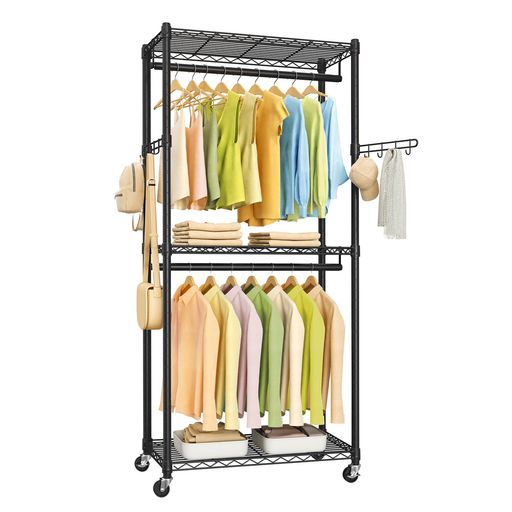 SONGMICSハンガーラック洋服かけスチールラック2段式衣装収納幅75cm耐荷重122kg調整可能な棚とポール3つ棚有りフック、キャスター付き簡単組立ワードローブ黒LGR412B01