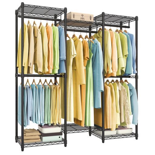 SONGMICSハンガーラック頑丈大容量洋服かけスタンド耐荷重190kg幅144.4cm衣装収納パイプハンガー調整可能な棚とポール付きスチールラック黒LGR432B01