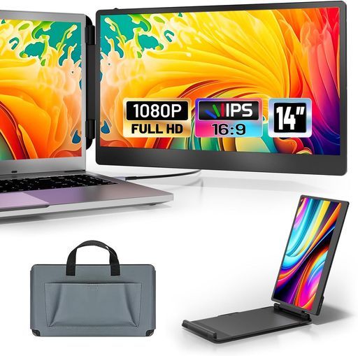 14インチノートパソコン用モニターダブル画面デュアルディスプレイ120%sRGB78%NTSC超広色域FHD1080PIPS液晶パネルノートパソコンディスプレイポータブルモニター軽量旅行カバン付きUSB-C/HDMIポ…