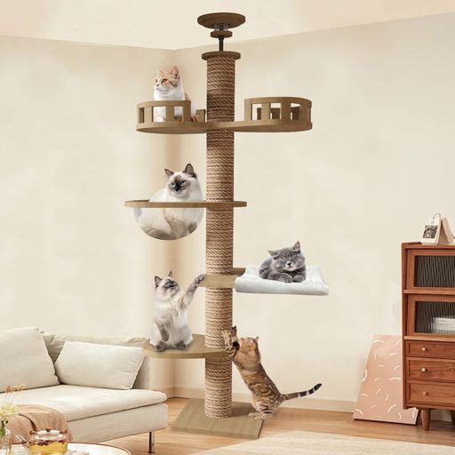 CozyMeowキャットタワー突っ張り木製キャットツリー木登りタワー多層無垢材太い支柱スリム宇宙船ハンモック多頭飼い大型猫用猫タワー人気おしゃれ爪とぎつめとぎ猫かわいいねこキャッ…