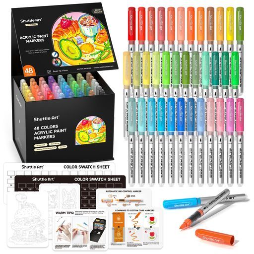 ShuttleArtアクリルマーカー48色セット直液式ブラシペン先1~5mm水性ペイントマーカーペン防水速乾耐水耐光アクリル絵具石・木材・金属・プラ板・ガラス・陶器に書ける収納ケース付きハン…