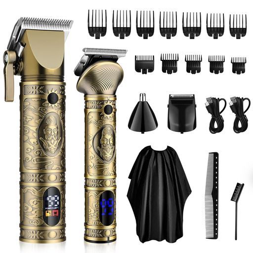 GSKYメンズヘアカッターバリカンセット往復式シェーバー鼻毛カッター2in1USB充電式LCD表示自動研磨電動バリカンヒゲトリマー低騒音家庭業務ショートヘア用セルフカット理髪美容セット(ゴ…