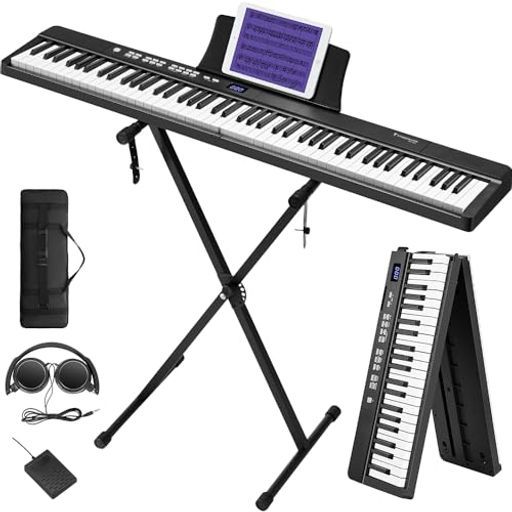 Starfavor電子ピアノ88鍵盤折り畳み式充電型198種音色、198種リズム、MIDI機能携帯型軽量キーボードスタンド、ペタル、収納バッグ付き日本語説明書初心者子供ピアノ練習教学SP-15F