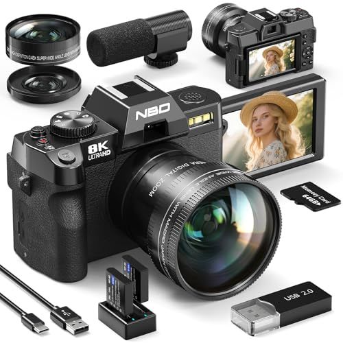 NBD 8K 6400万画素 デジタルカメラ【Wi-Fiとアプリ制御】16倍ズーム 一眼レフカメラ 180°フリップスクリーン | オートフォーカス?手ぶれ補正 |マクロ+広角レンズ＆ウェブカメラ機能 | 64GB TFカード＆2個のバッテリ 81f4fdc9