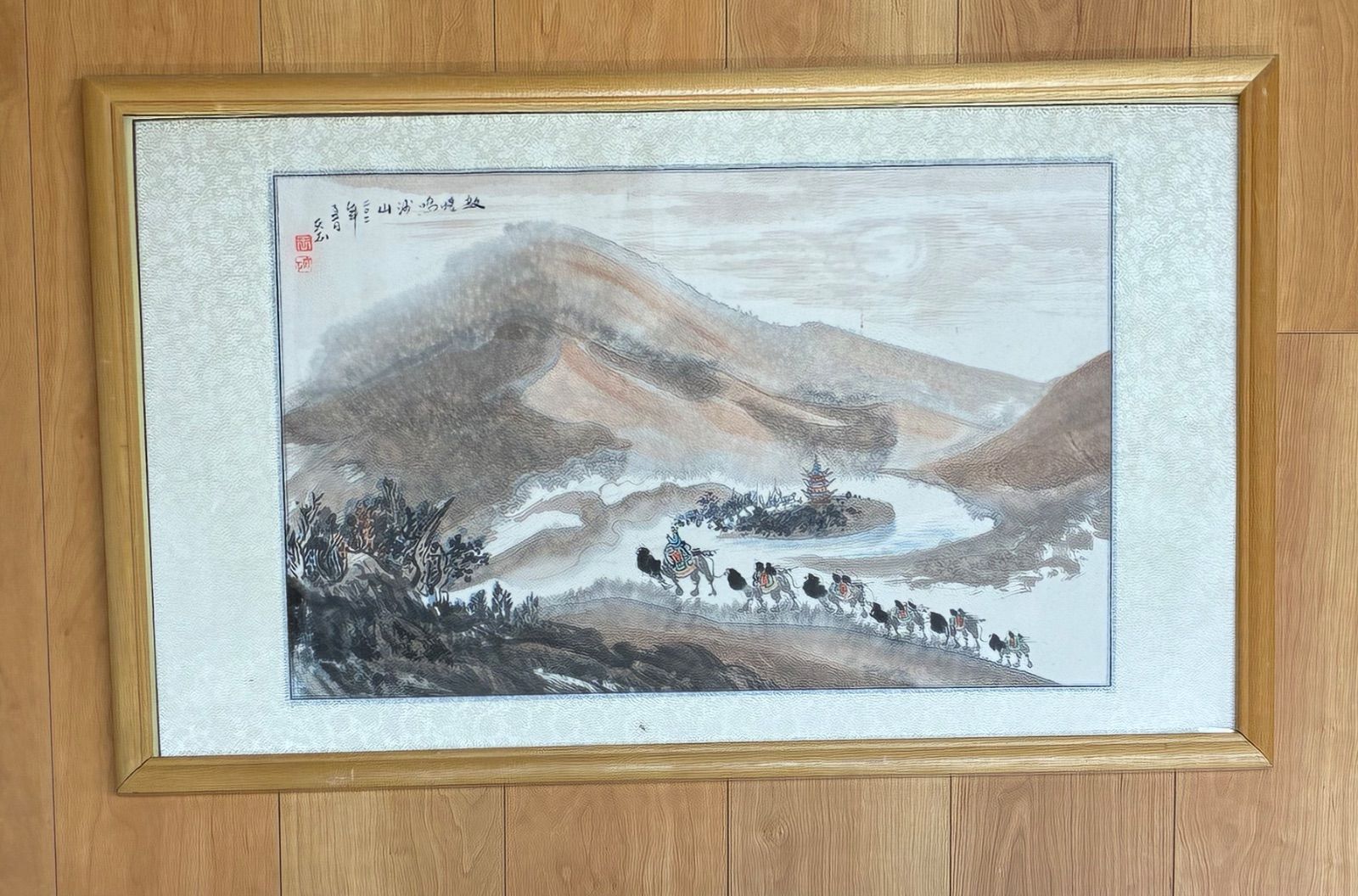 「敦煌鳴沙山月牙泉」風景画 額装 中国美術 シルクロード 敦煌風景 ラクダ隊 中国絵画 工芸美術