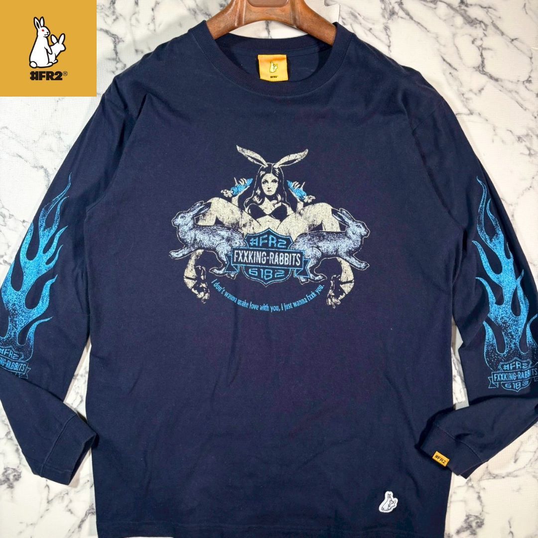美品 ●FR2×Harley-Davidson ロンT 薄手 スウェット 袖プリ フレイムス メンズ ネイビー 紺 ラビット 石川涼 M エフアールツー
