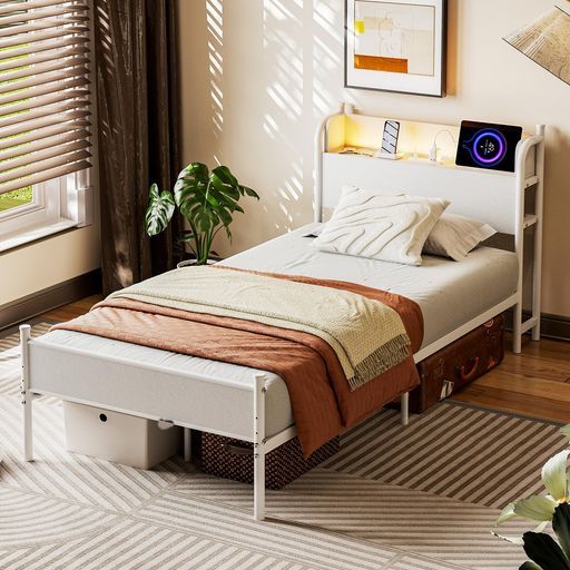 IKIFLYベッドフレームシングルパイプベッドSコンセントUSB充電付きシングルベッドLEDライト付きスチールベッドすのこベッド収納宮棚付きLEDライト付き2段階高さ調整頑丈カビ防止安定性耐…