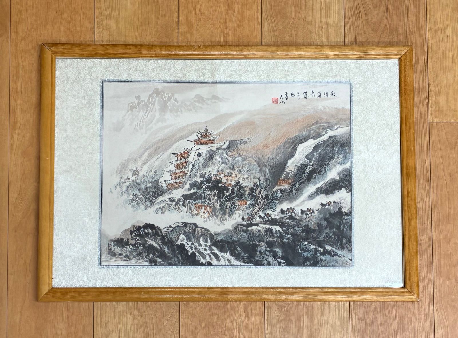 「敦煌莫高窟 九層楼」風景画 額装 中国美術 世界遺産 仏教美術 敦煌壁画 中国絵画 工芸美術