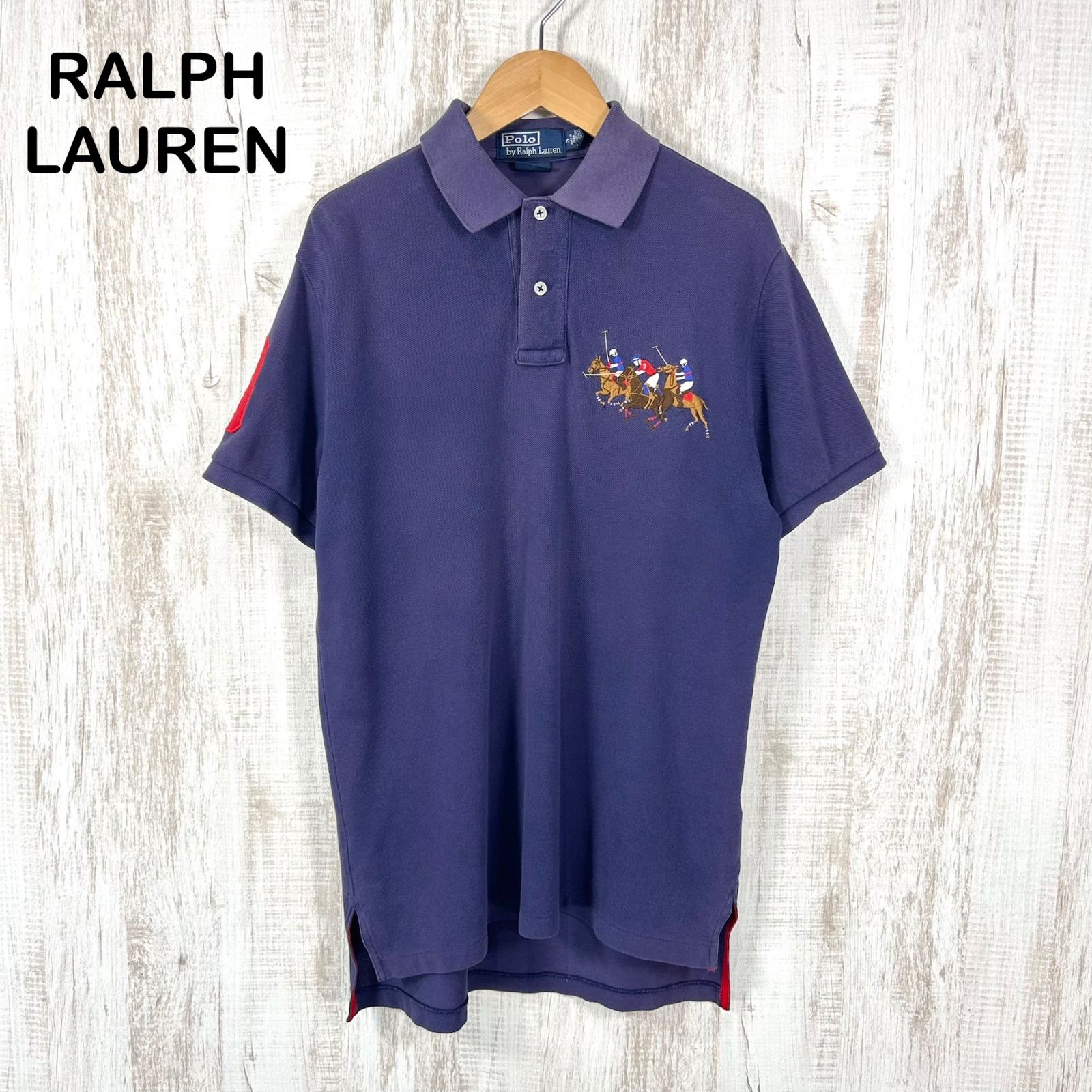 古着 90s Polo by Ralph Lauren ポロバイラルフローレン ポロプレイヤー 刺繡 マルチポニー ナンバリング 鹿の子 半袖 ポロシャツ パープル メンズ トップス