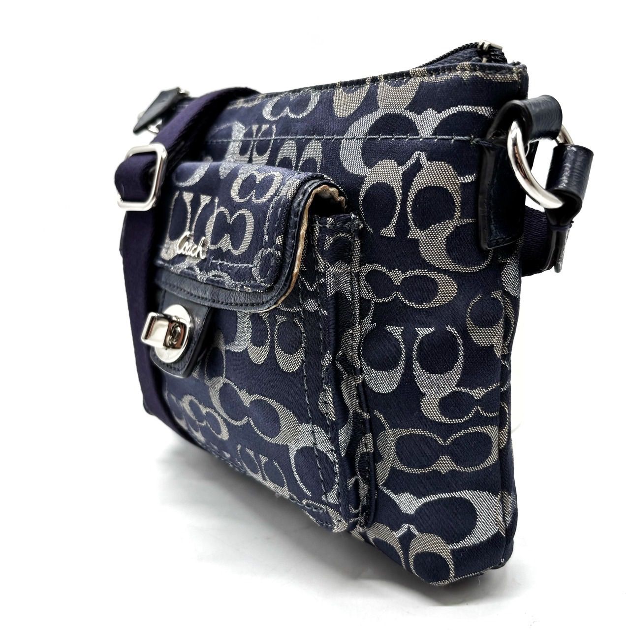 【良品】coach turn-lock signature denimcanvas shoulderbag pochette silverparts denimcolor unisex コーチ ショルダーバッグ
