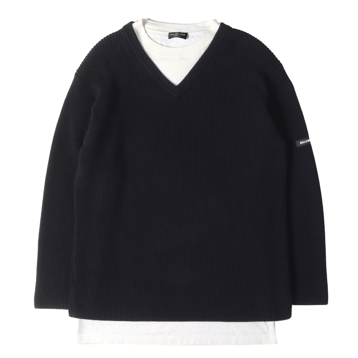 BALENCIAGA バレンシアガ ニット ブラック 黒 サイズ:2 | ラバーパッチ付き Tシャツ レイヤード Vネック コットン リブ ニット (Layered V-neck Sweater) | トップス セーター イタリア製【メンズ】【中古】