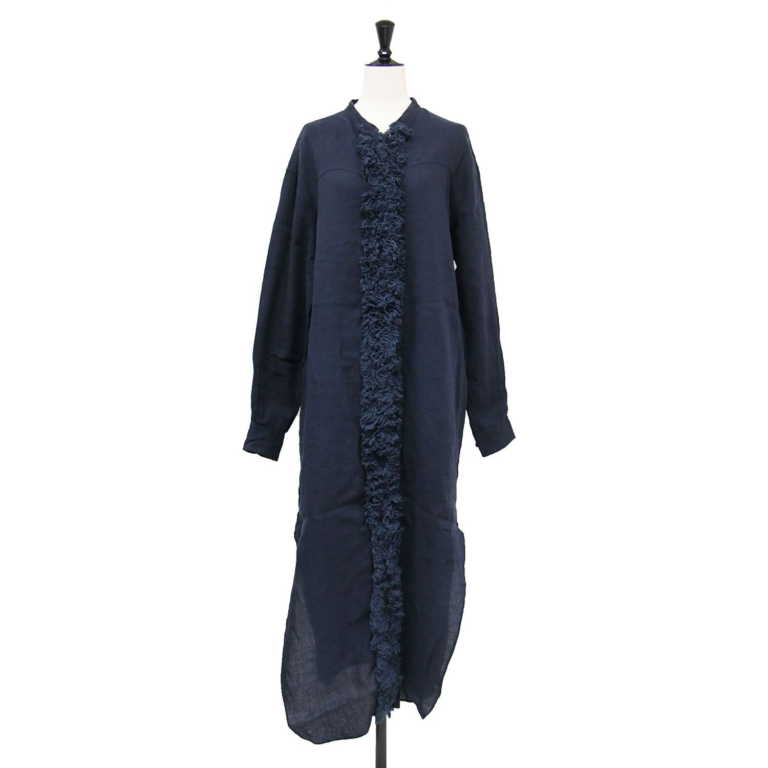 Cabana カバナ ワンピース ネイビー 紺 サイズ:38(M) | リネン フリンジ ロング シャツ ワンピース / Romy Fringe Long Shirts 長袖 バンドカラー | トップス ドレス【レディース】【中古】