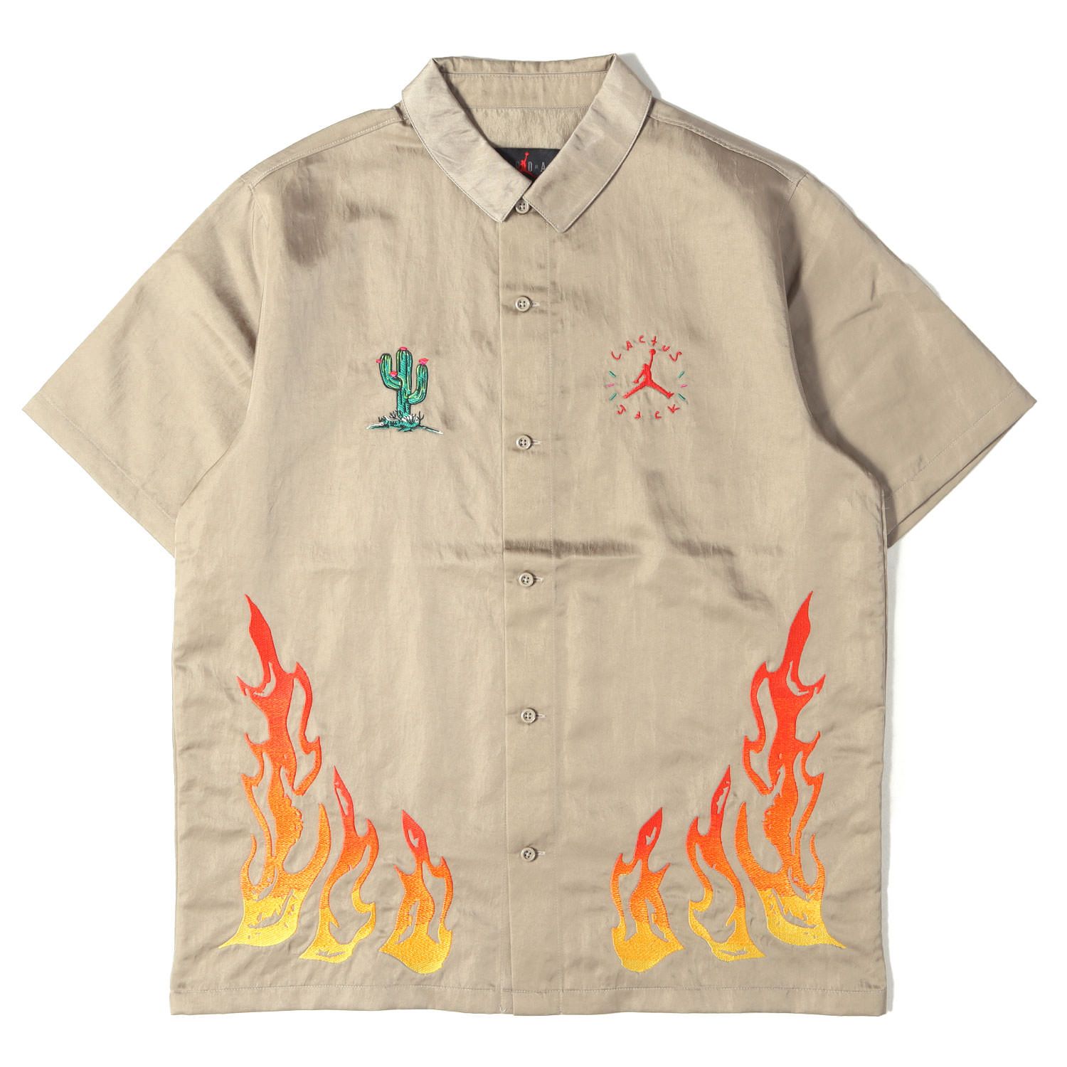TRAVIS SCOTT JORDAN フレイム刺繍 ナイロン 半袖シャツ　M 美品】NIKE ナイキ シャツ カーキ サイズ:M | 21SS TRAVIS SCOTT