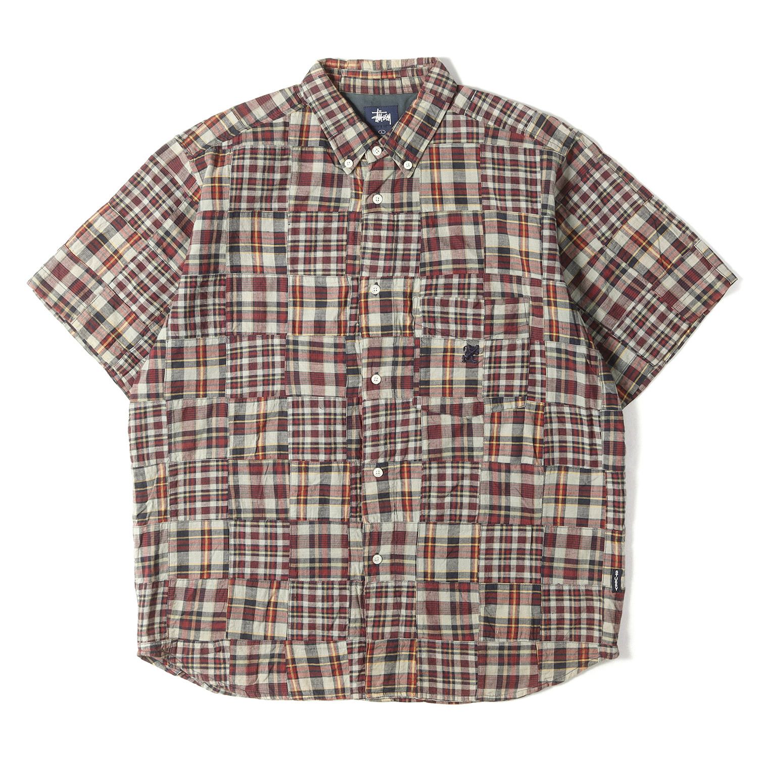 STUSSY ステューシー シャツ レッド×グレー系 サイズ:L | 00s パッチワーク チェック ボタンダウン 半袖シャツ | 00年代 アーカイブ | トップス カジュアルシャツ【メンズ】【中古】
