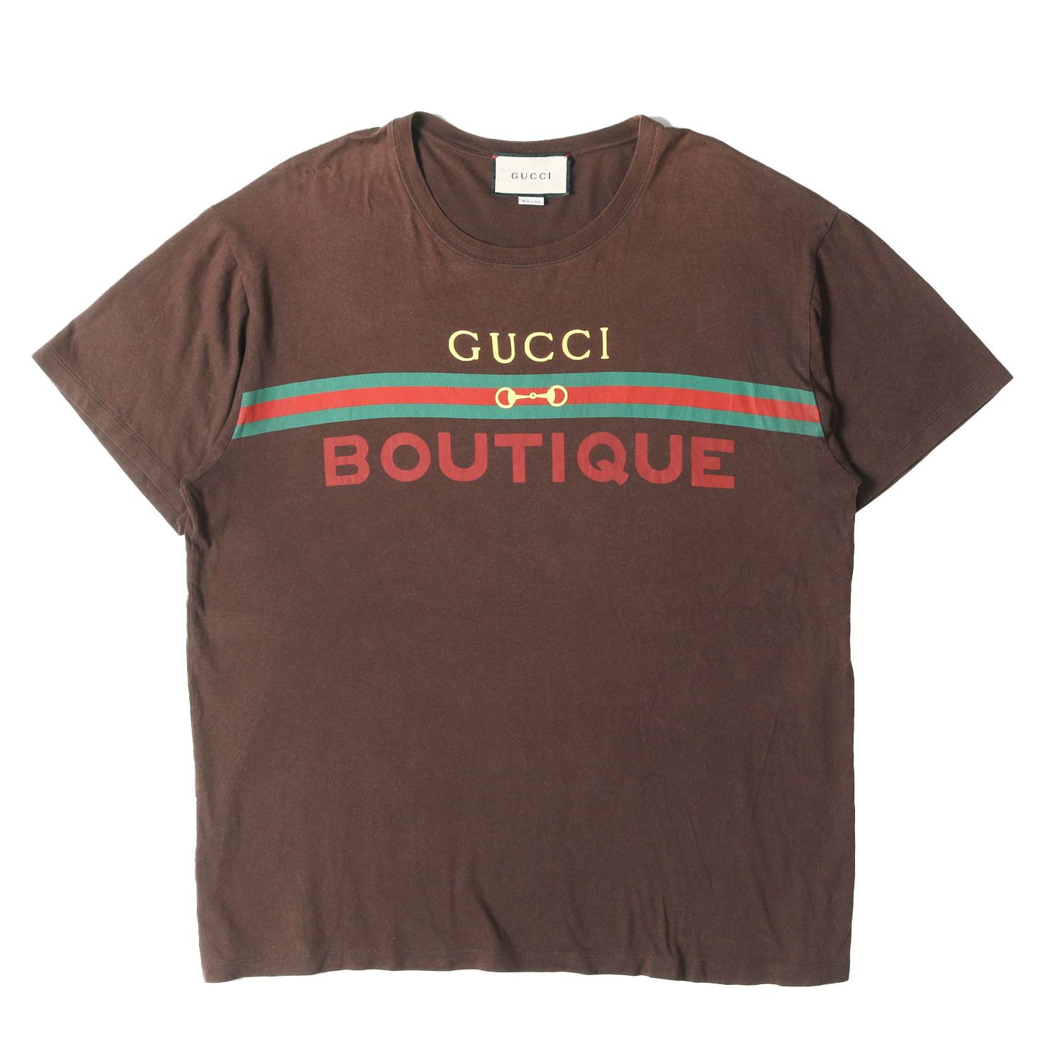 GUCCI グッチ Tシャツ ブラウン サイズ:L | BOUTIQUEロゴ ウェブライン Tシャツ | トップス カットソー 半袖 | イタリア製【メンズ】【中古】