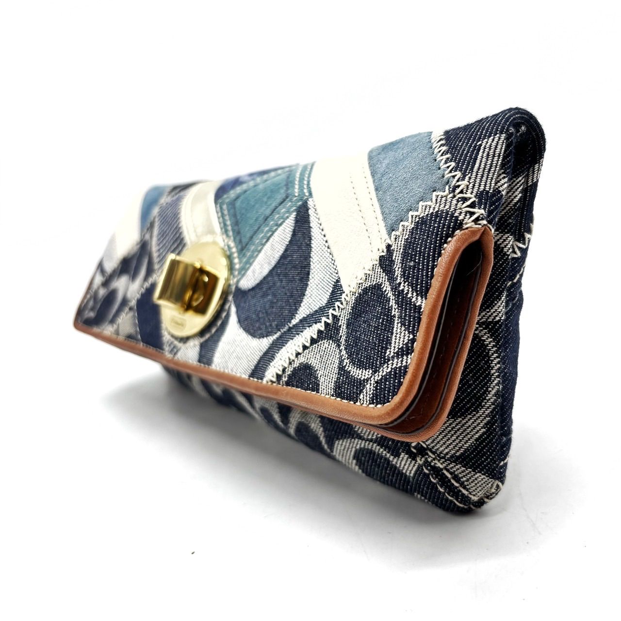 【良品】coach y2k turn-lock patchwork signature canvas denim crutchbag hand unisex コーチ クラッチバッグ