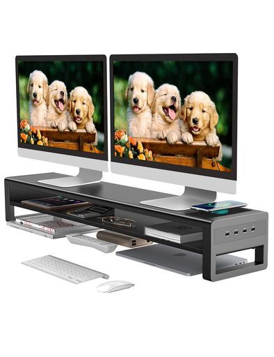 STARSIKIデュアルモニター台2段式モニタースタンドUSB3.0データ転送パソコン台ディスプレイ台金属製机上台スマホ専用置き場付きディスプレイ/PC/ノートパソコン2台用