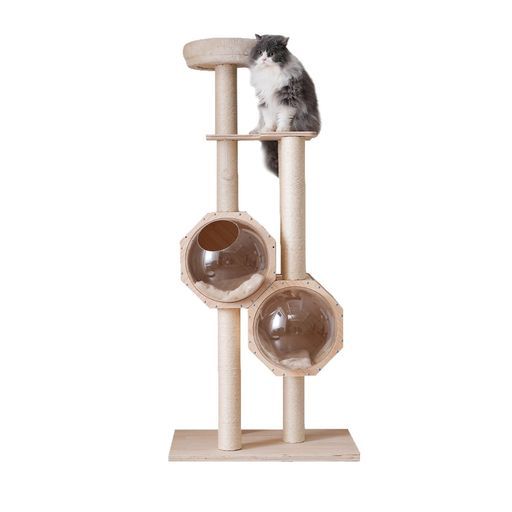 BTMキャットタワー木製猫タワーネコタワー多頭飼い大型高さ152cm二つ透明な隠れ家ポンポンおもちゃ付きおしゃれタワー可愛い運動不足解消子猫大型猫