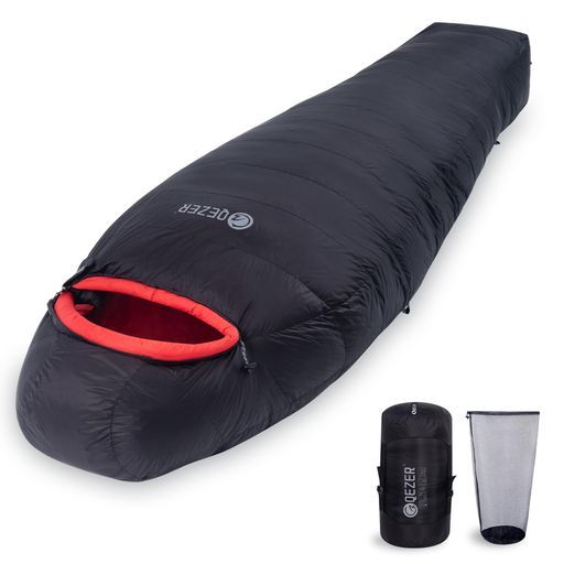 QEZER寝袋冬用ダウンシュラフ最低温度-25°C1000g/1500g羽毛充填マミー型660FP高級ダウン寝袋コンパクト400T撥水加工キャンプ登山車中泊防災避難用
