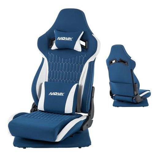 NIONIKゲーミングチェア座椅子型ファブリック回転180度リクライニングひじ掛けなしブルー