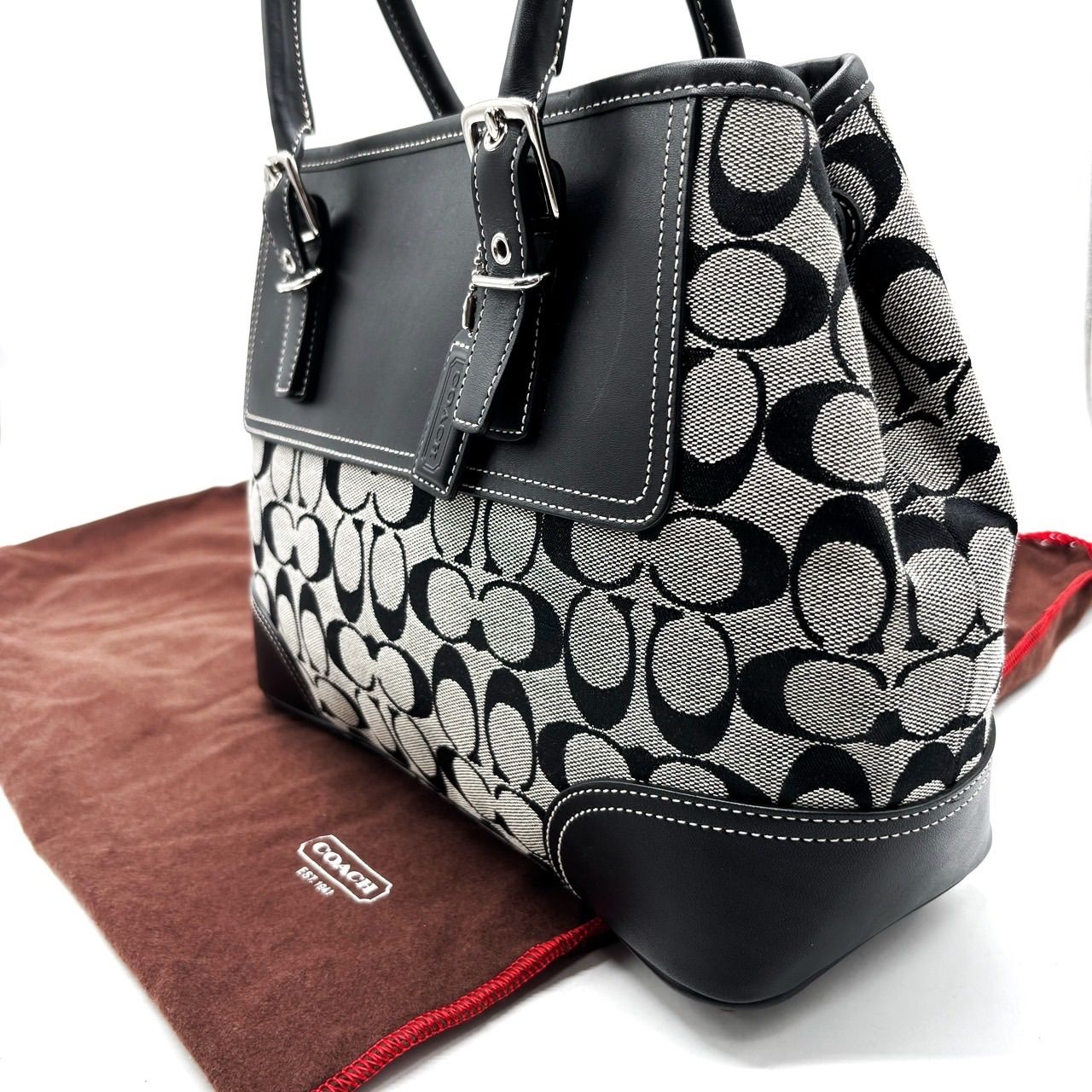 【美品】coach y2k signature canvas silverparts totebag leather gray×black unisex コーチ トートバッグ