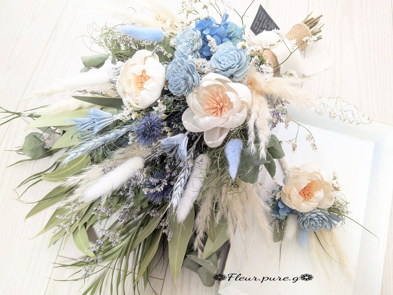 ✿NEW✿初夏！爽やかな淡色ブルー&ホワイトのブーケ✿前撮り✱結婚式✱ウェディングフォト✱ブライダルブーケ✱ブートニアセット✿