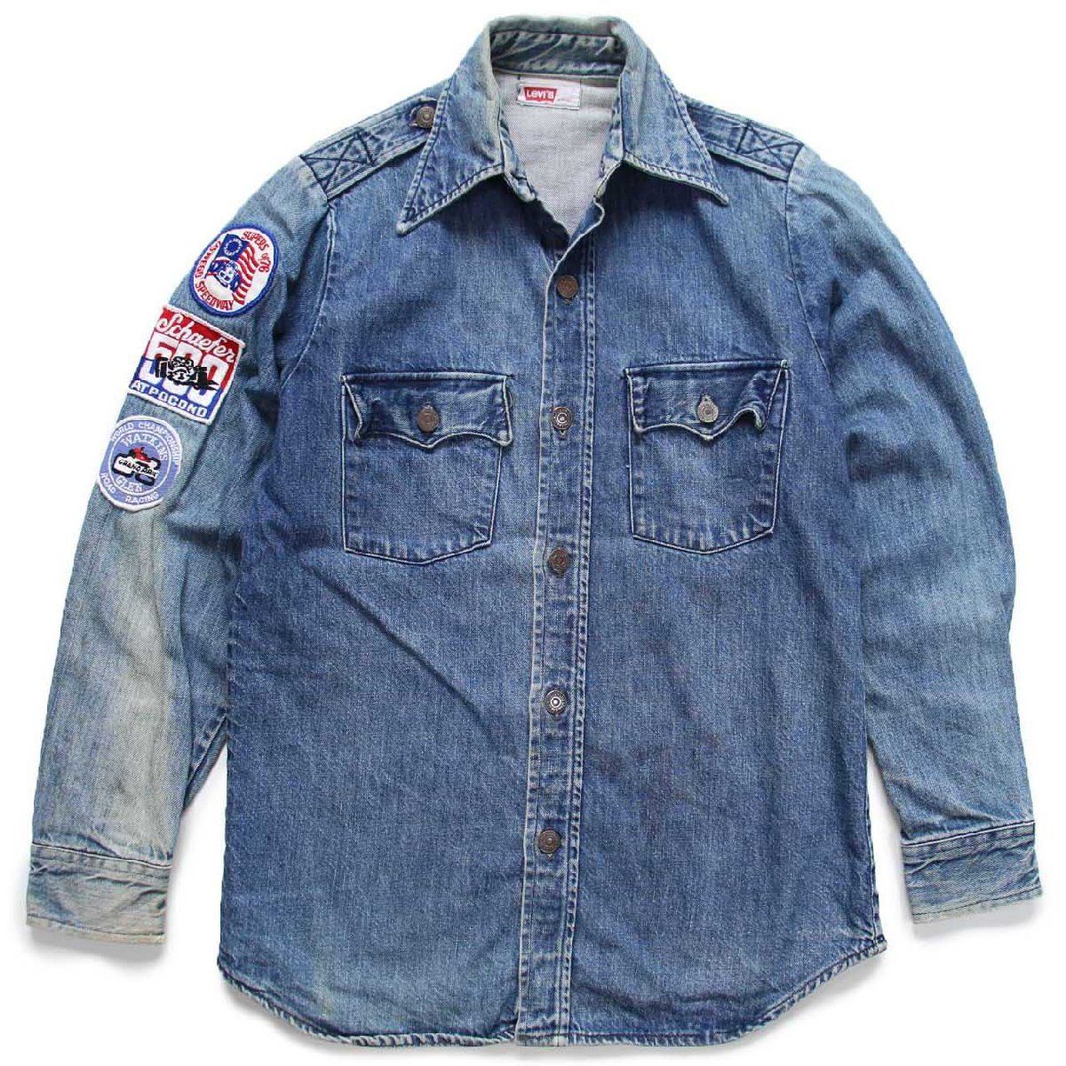 70s Levi'sリーバイス OSWEGO SPEEDWAY Schaefer 500 AT POCONO WATKINS GLEN パッチ付き デニムシャツ フェード S★ビンテージ レース