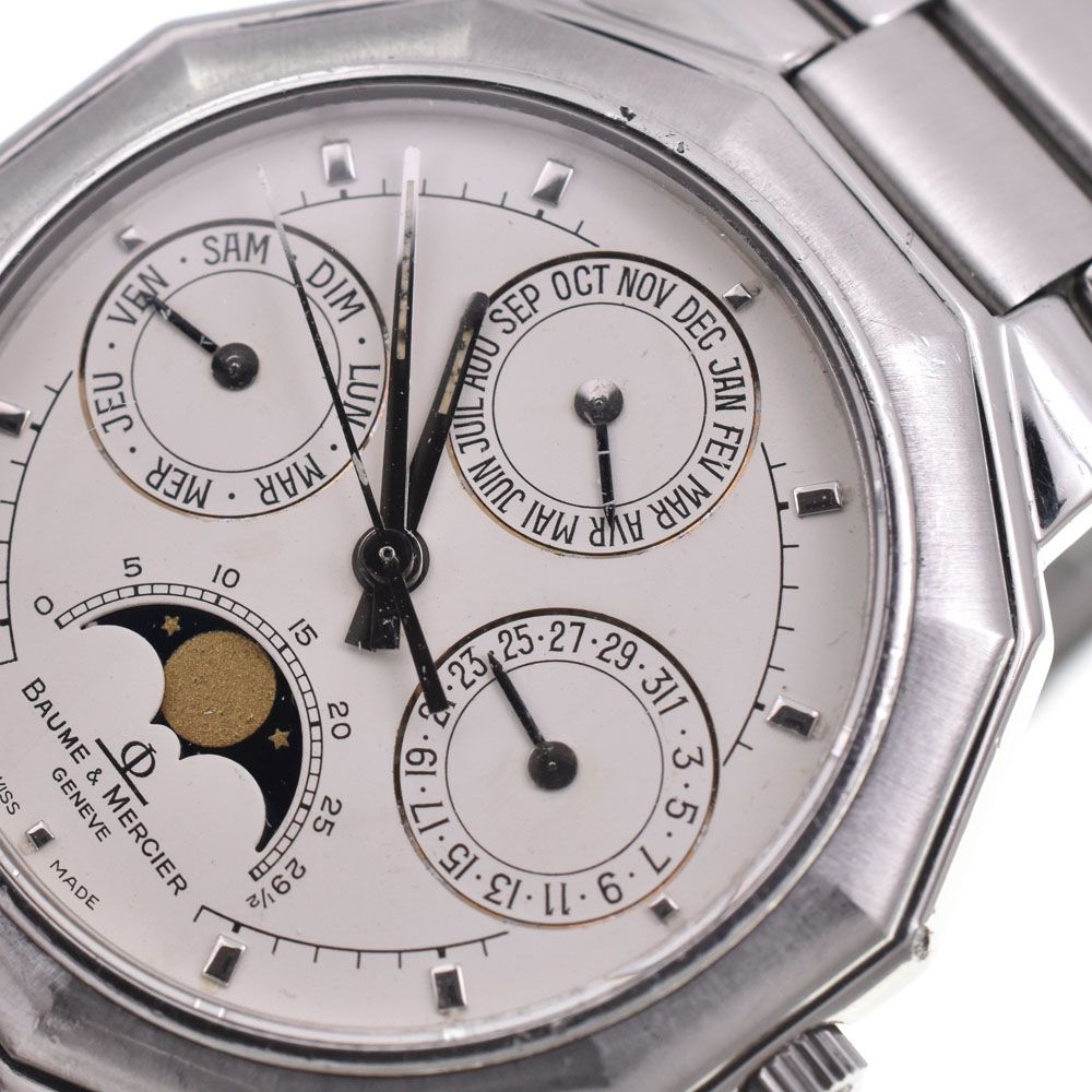 ボーム＆メルシェ Baume & Mercier 6131.2 リビエラ トリプルカレンダー ムーンフェイス ホワイト クォーツ メンズ 腕時計 G#146075