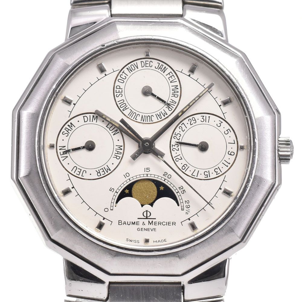ボーム&メルシェ Baume & Mercier 6131.2 リビエラ トリプルカレンダー ムーンフェイス ホワイト クォーツ メンズ 腕時計 G#146075