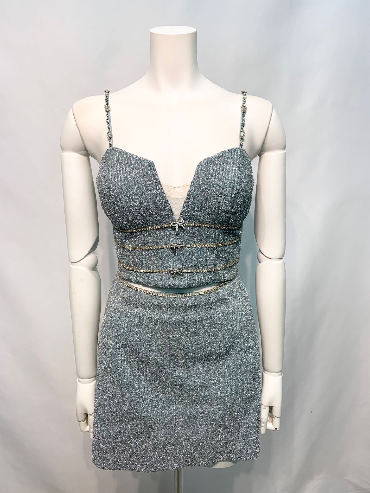 2742 ROBE de FLEURS ローブドフルール キャバクラ ドレス セットアップ ラメニット タイト ミニ リボンチャーム ストーンストラップ キャバドレス S