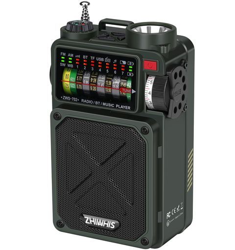 ZHIWHISBluetoothスピーカー防災ラジオFM/AM/短波/ワイドFM対応懐中電灯ソーラー/手回し/USB-C充電【SOSアラート/USB再生対応可能/MicroSDカード対応/32時間連続再生/タイマー/技適取得済