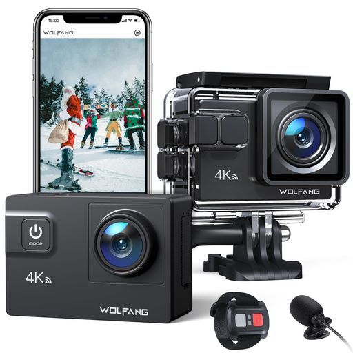 WOLFANGGA300アクションカメラ[外部マイク付き]4K24MP水中カメラ(WiFi機能付き)耐揺性水深40メートルHDMI出力1350mAh大容量バッテリー2個搭載170°広角レンズリモコンヘッドセットカメラ