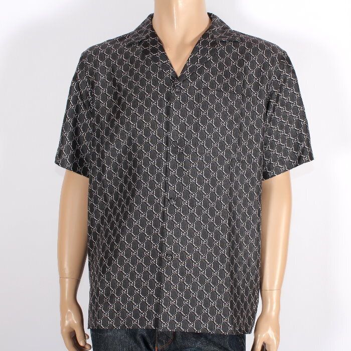グッチ GUCCI GG シャドウ シルク ツイル シャツ 794907 ZAQ9H 46サイズ グレー＆ホワイト/1035 ボウリング 半袖 Tシャツ トップス アパレル メンズ レディース ユニセックス 【新品・本物】売れ筋