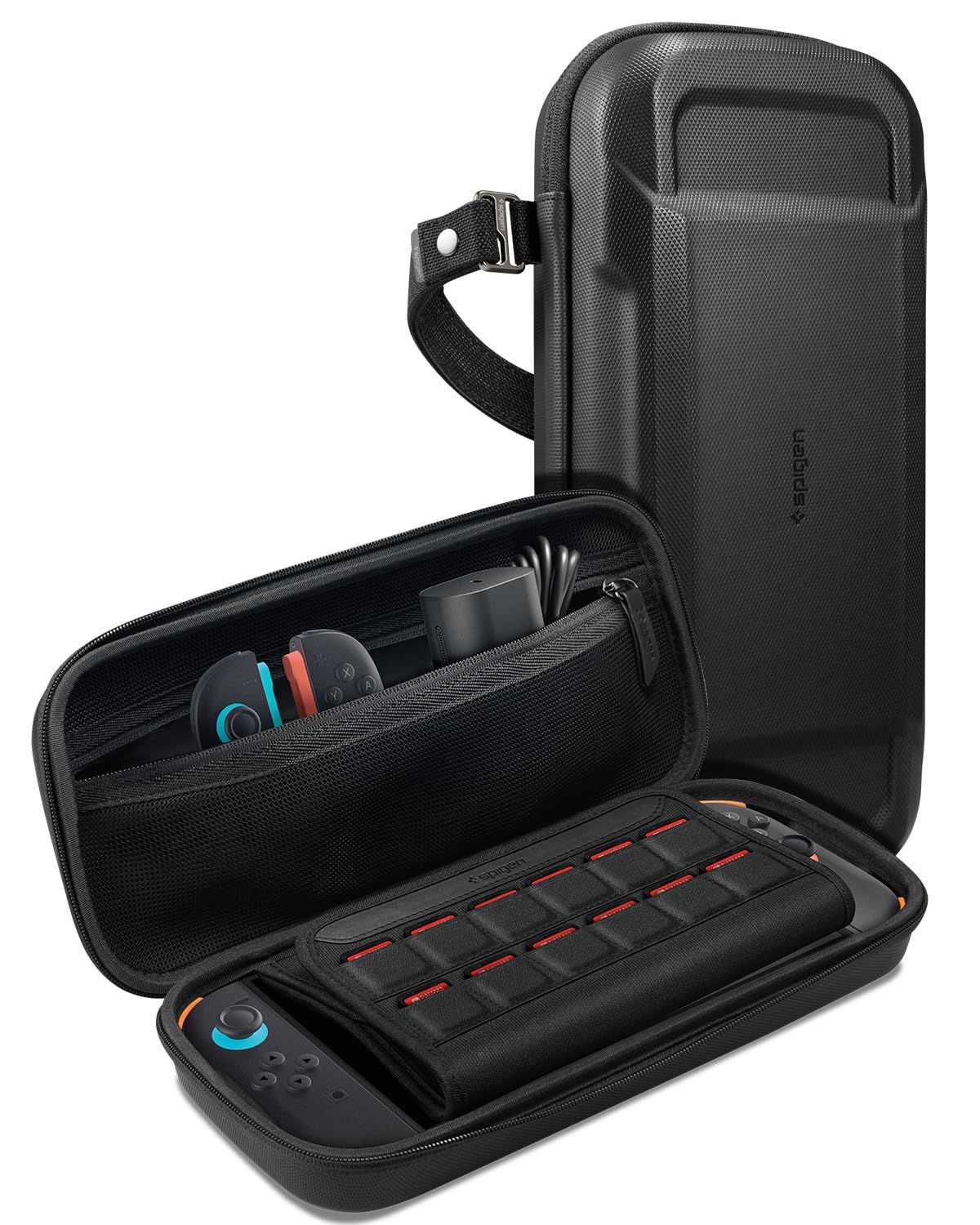SPIGEN Rugged Armor Pro 任天堂スイッチ2ポーチ用 ゲームカードスロット12個 広々としたコンパートメント、落下保護シェル ポータブルトラベルキャリーストラップ ゲームコンソールバッグカバー - ブラック [ブラック///ホワイト]