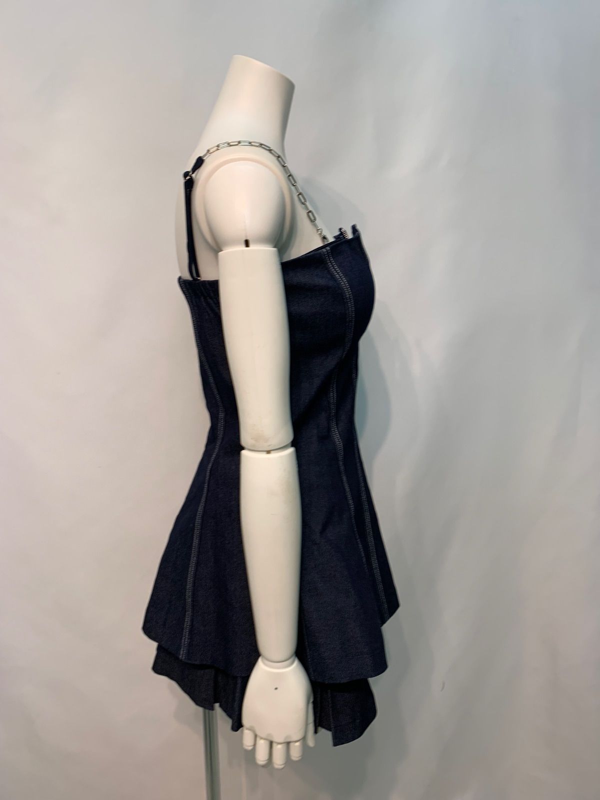 2744 未使用 anier ROBE de FLEURS アニエル ローブドフルール キャバクラ ドレス セットアップ デニム プリーツ チェーンストラップ タイト ミニ フロントジップ キャバドレス M