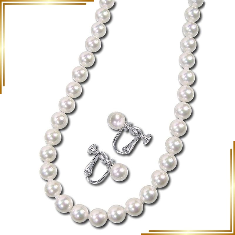 【新品】 [あなたと私の宝石箱] 花珠貝パール ネックレス ・イヤリングセット9.0mm42cmホワイト＜日本製＞ 【ギフトラッピング済み】 1